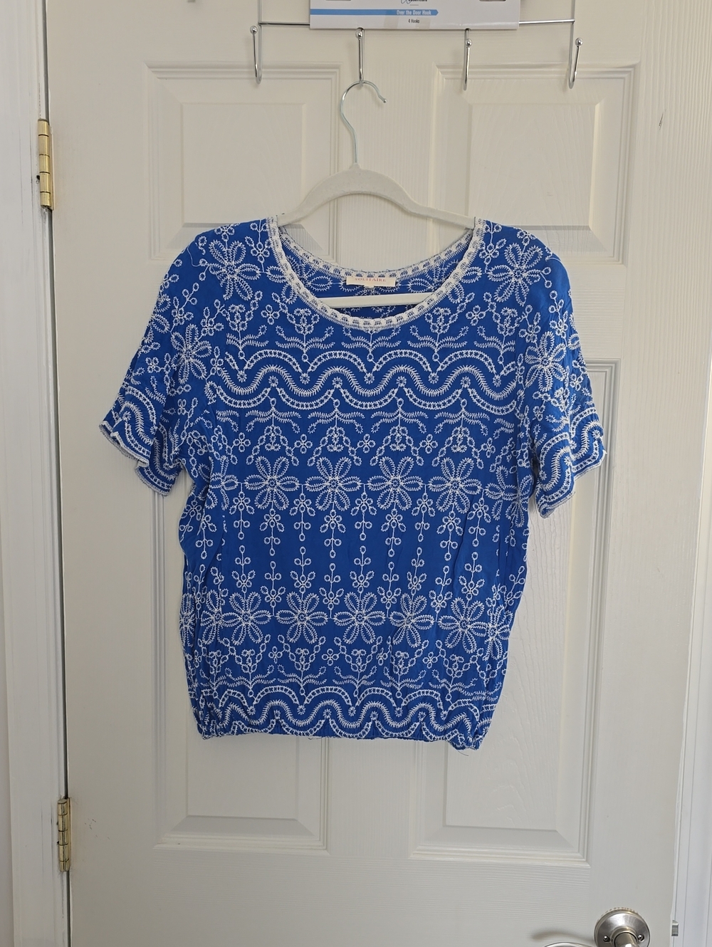 Blue Floral Embroidered Short Sleeve Top